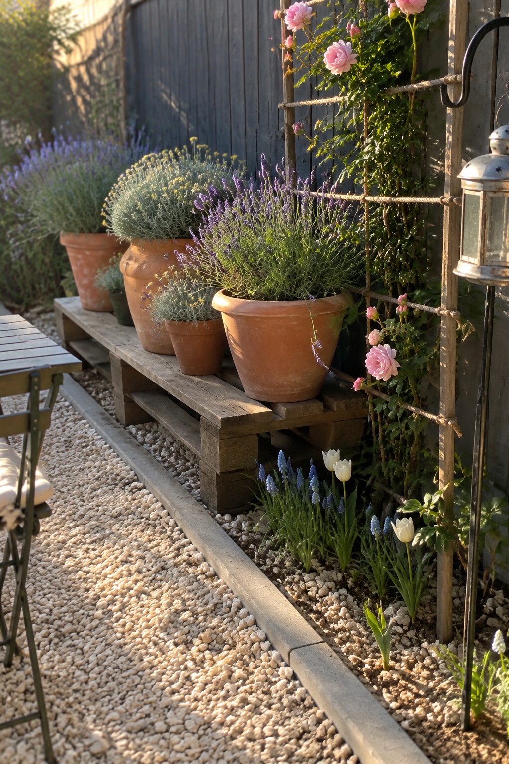 A wooden pallet platform holds several terracotta pots with lavender and other plants next to a trellis with climbing roses and a gravel bed with small flowers.