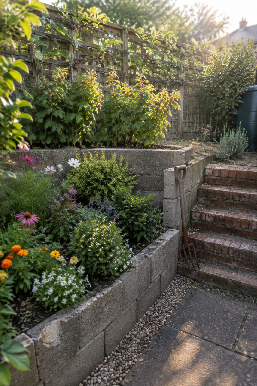 Raised stone beds of colorful flowers beside brick steps with leaning garden fork.