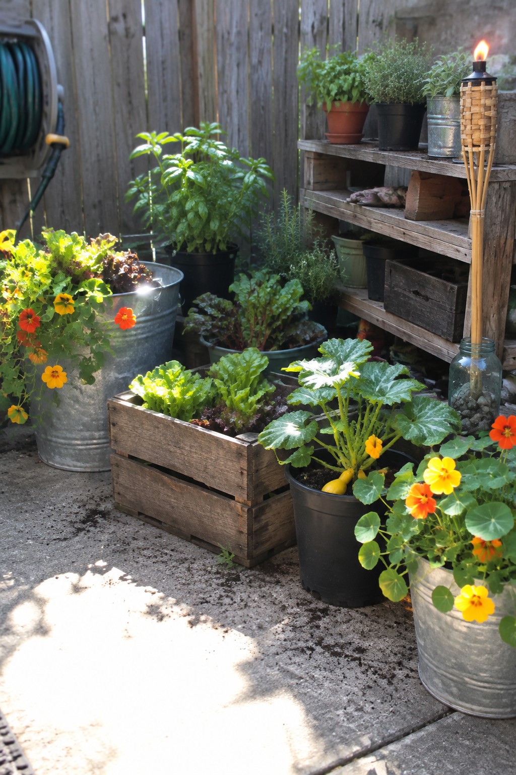Sunlit garden with potted greens, nasturtiums, herbs on wooden shelves and lit torch