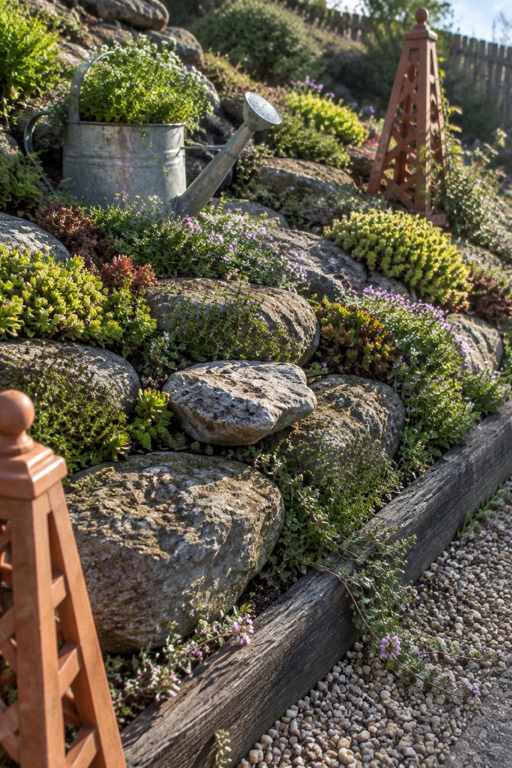 Rock garden with succulents, purple flowers, watering can, and wooden borders