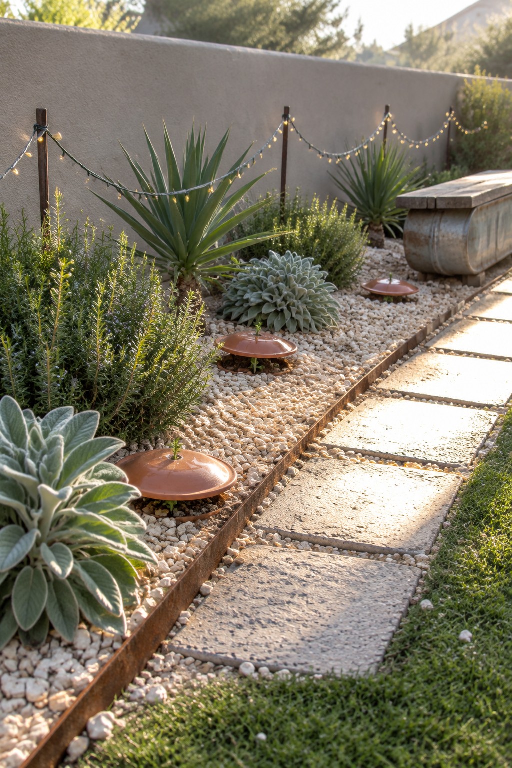 A gravel garden bed bordered by rusted metal edging, with stone pavers forming a path and various green plants growing in the beds.