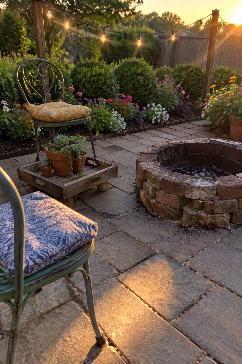 A backyard patio scene with a wooden crate holding several terracotta pots of succulents, two metal chairs with cushions, a brick fire pit, and flower beds in the background at sunset.