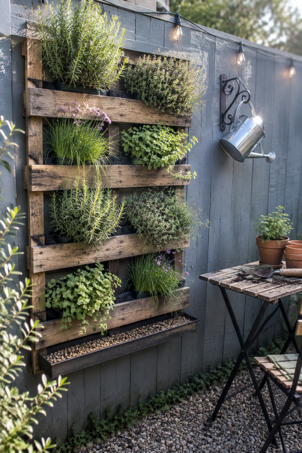 A wooden pallet mounted on a gray fence holds multiple rows of potted herbs and plants, with a gravel ground and small table nearby.