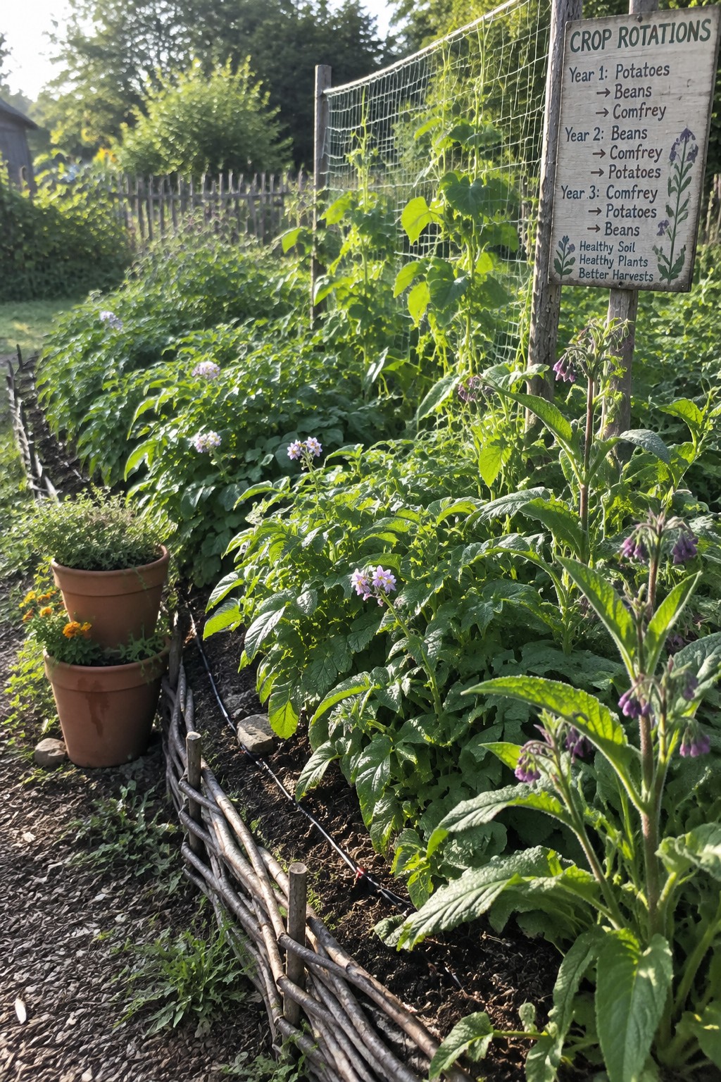 A backyard vegetable garden with rows of leafy plants, woven twig edging along the beds, terracotta pots on the left, and a wooden crop rotation sign on the right.