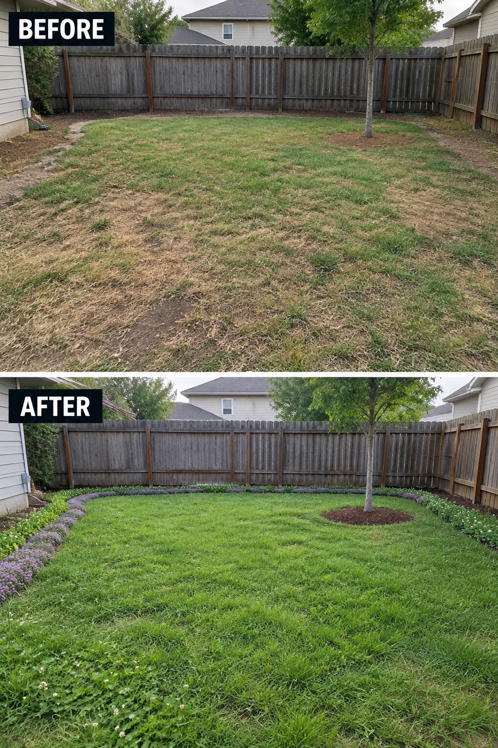 Before and after of patchy dry lawn transformed into lush green grass with flower beds.