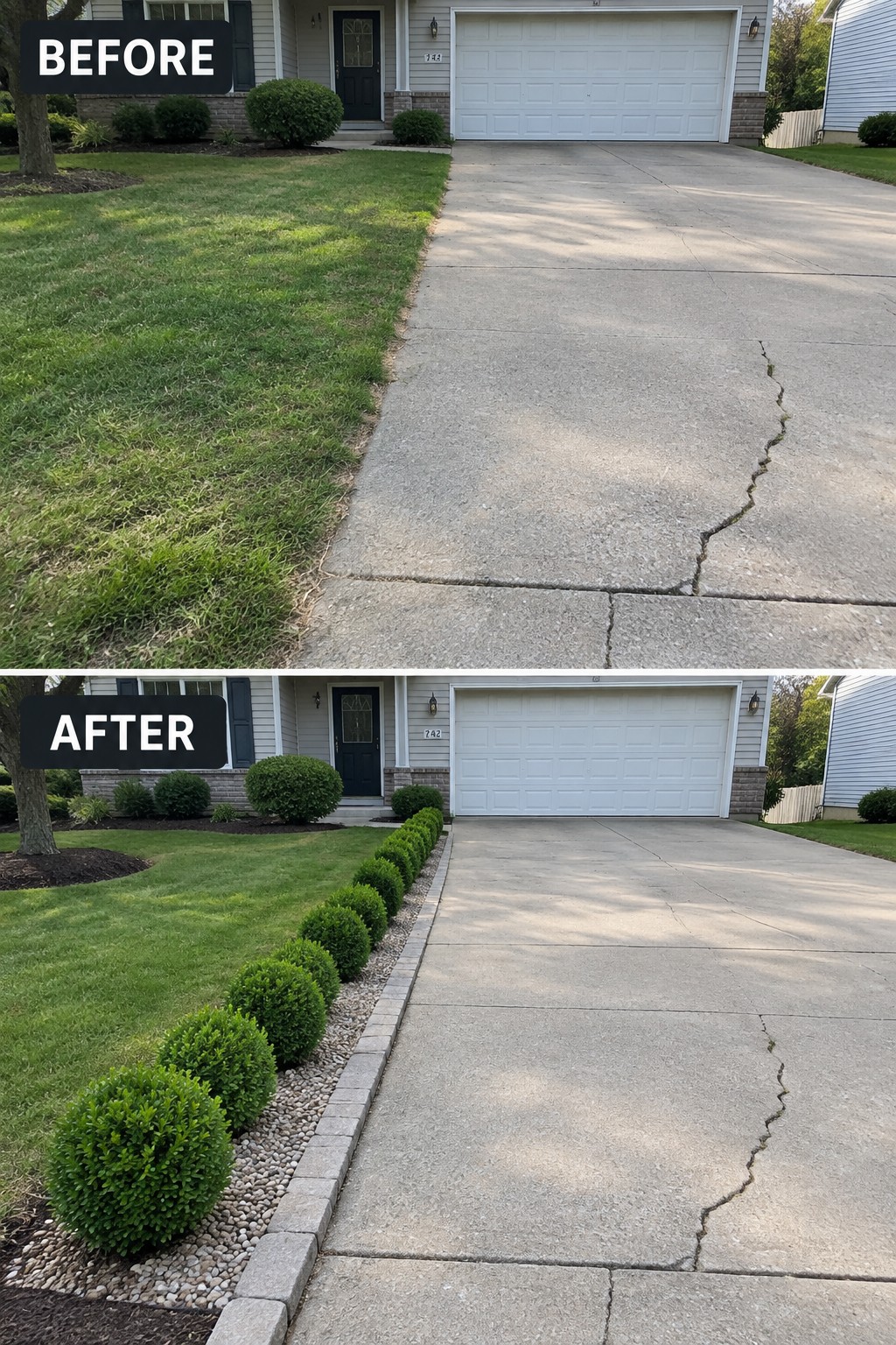 Before-and-after image of a front yard where the grass edge along the driveway was replaced with a gravel strip, low shrubs, and a paver border.