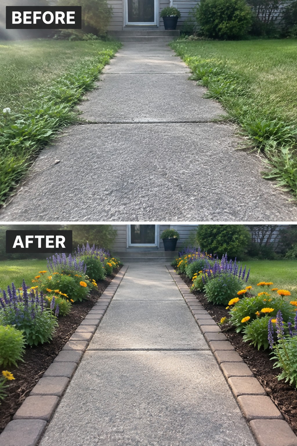 Concrete walkway before and after landscaping with colorful flowers and brick borders.