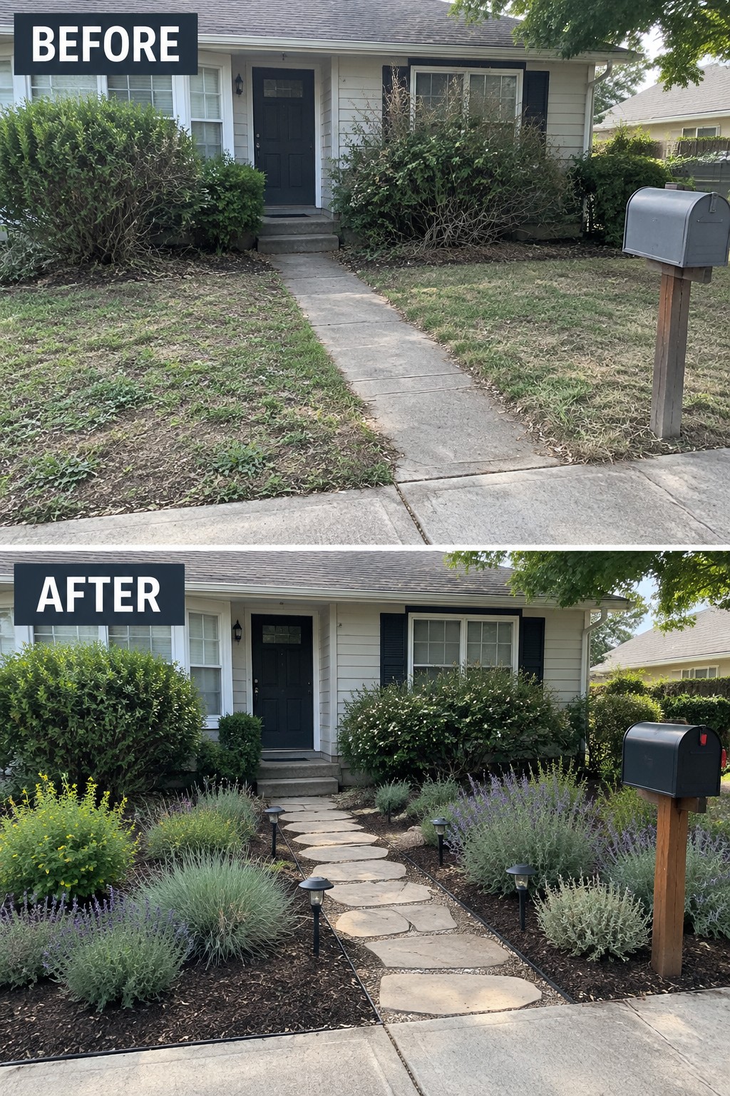 Before and after front yard landscaping with new plants, stone path, and lights