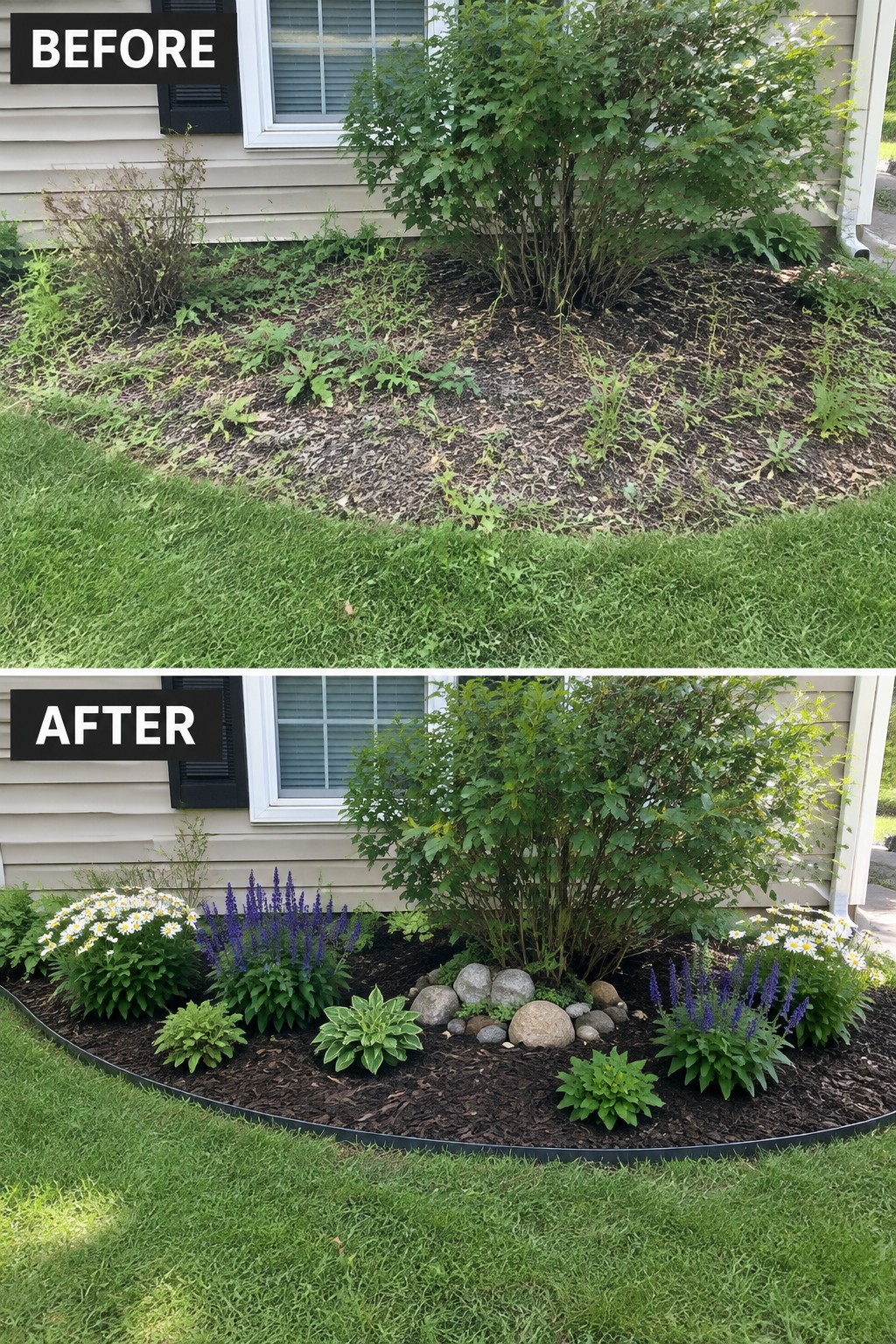 Before-and-after image of an overgrown garden bed changed into a neat mulched bed with flowers, hostas, rocks, and a defined border.
