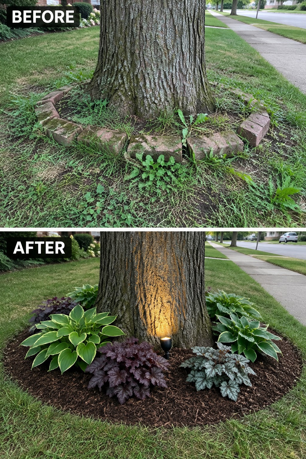 Before and after of tree base transformed from weedy bricks to mulched plants with light