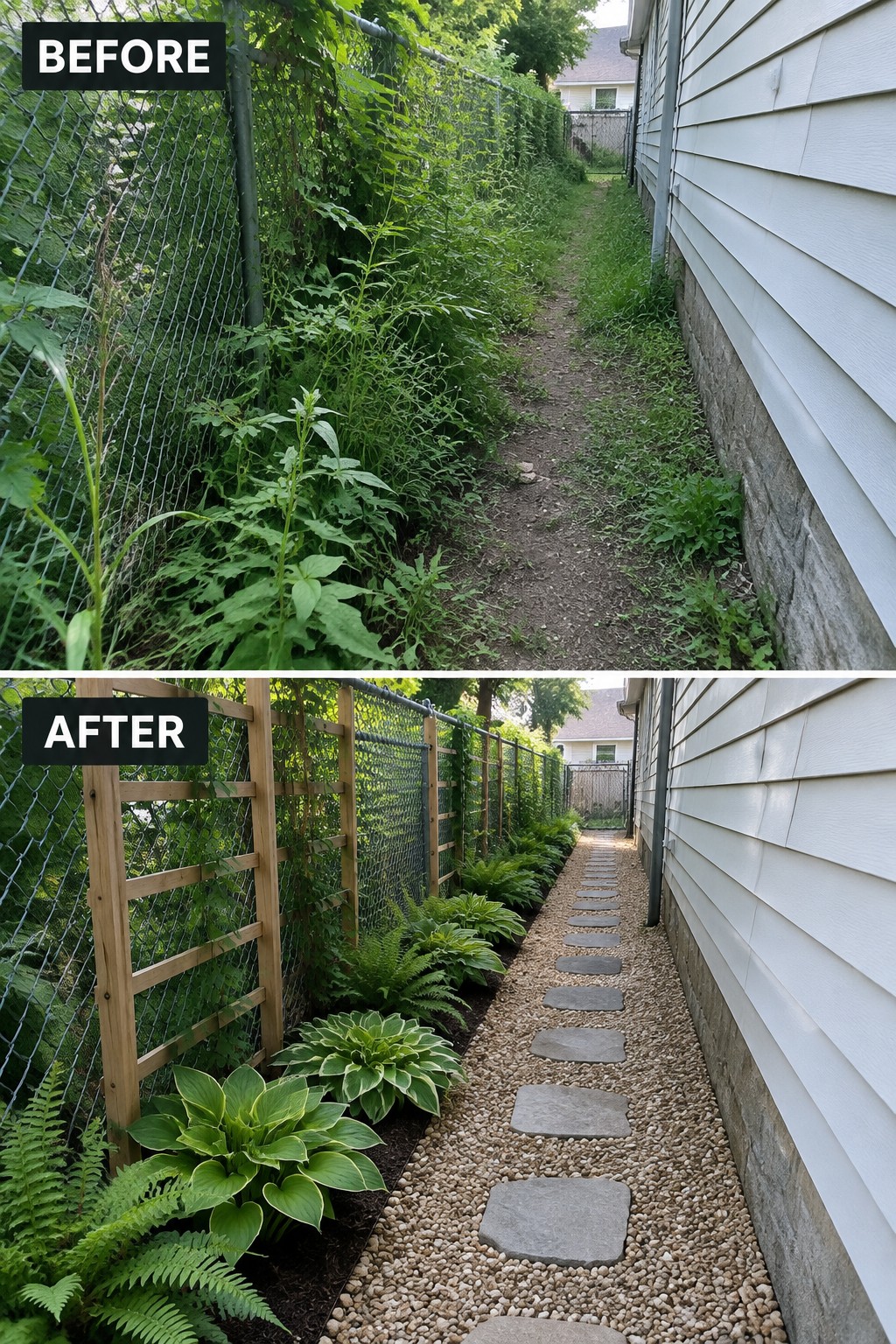 Before-and-after view of overgrown fence path transformed into garden with hostas, ferns and stepping stones.