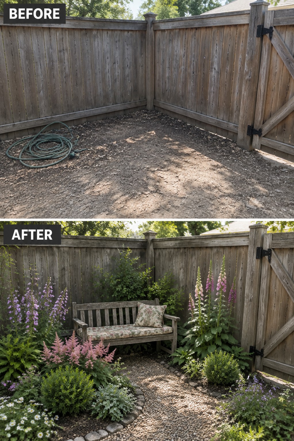 Before-and-after backyard: dirt lot with hose becomes flower garden with bench and gravel path.