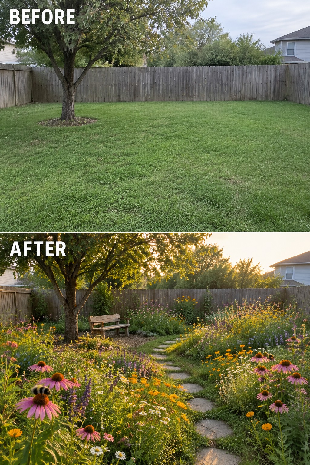 Before plain lawn and after colorful wildflower garden with bench, path and tree