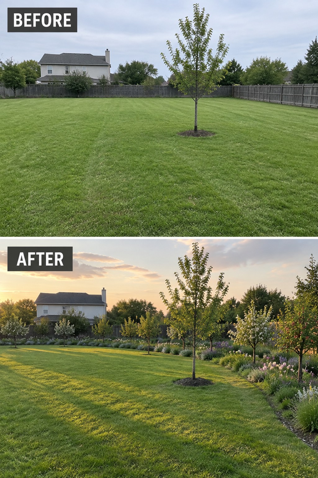 Before-and-after backyard: empty lawn transformed into blooming garden with trees and flowers