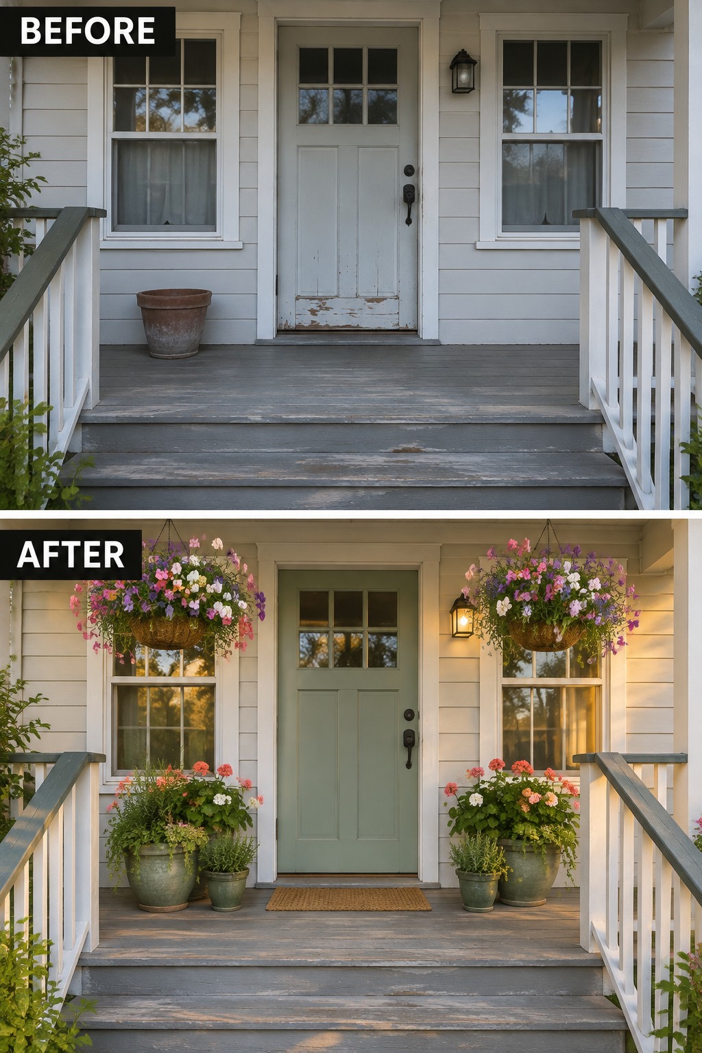House porch before and after with green door, hanging baskets, and potted flowers