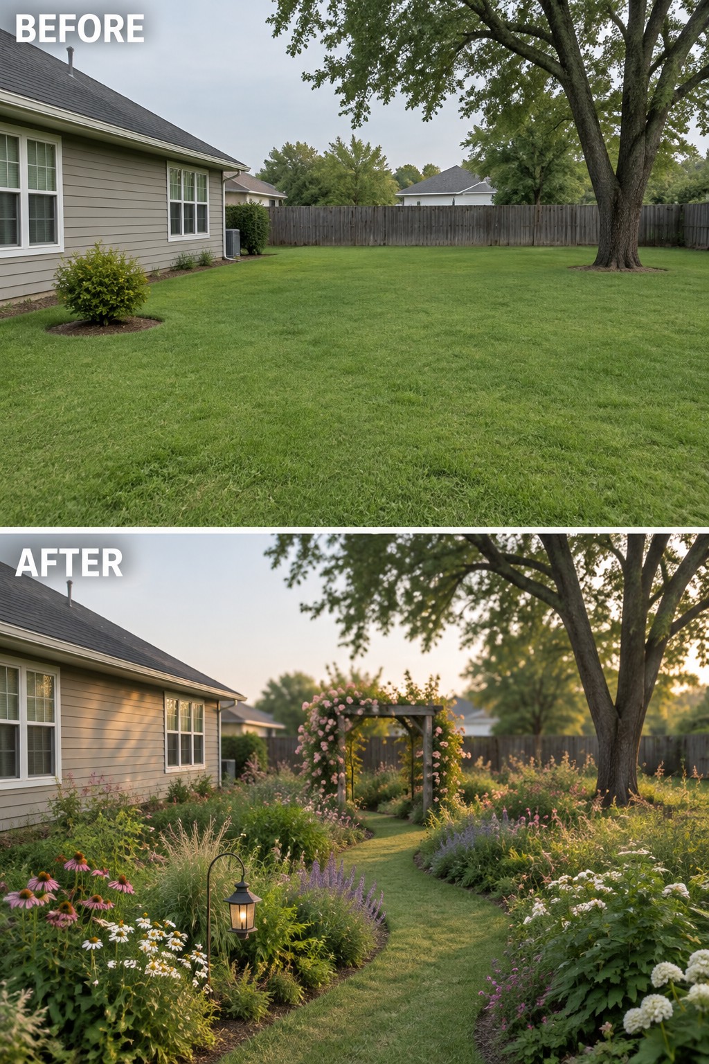 Before bare lawn and after vibrant garden with flower beds, path, and rose arbor.