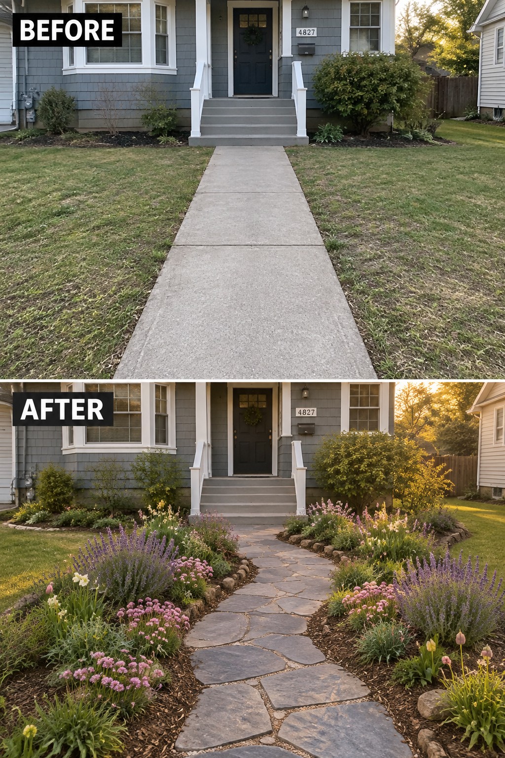 Before-and-after view of gray house with stone path and colorful flower beds added.