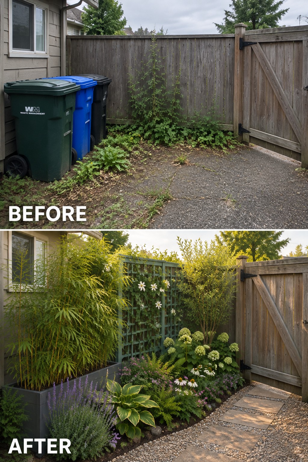 Before and after of trash-filled yard transformed into lush garden with stone path