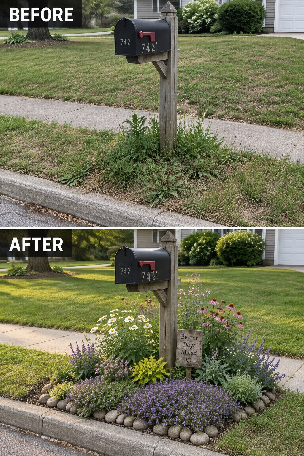 Before-and-after image of an overgrown mailbox area changed into a neat cottage garden bed with flowers, purple blooms, and a stone border.