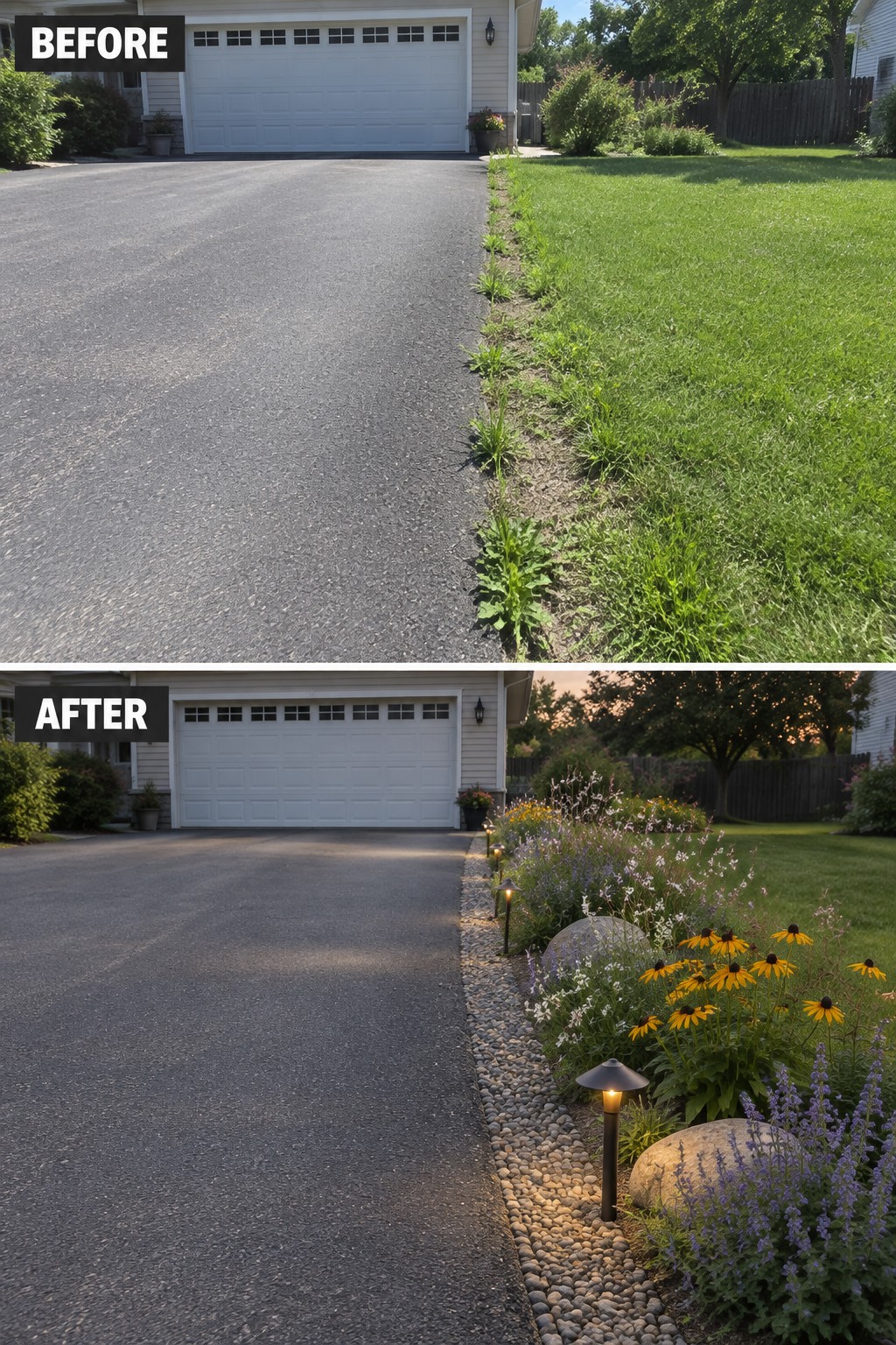 Before and after of driveway edge landscaped with rocks, flowers and solar lights