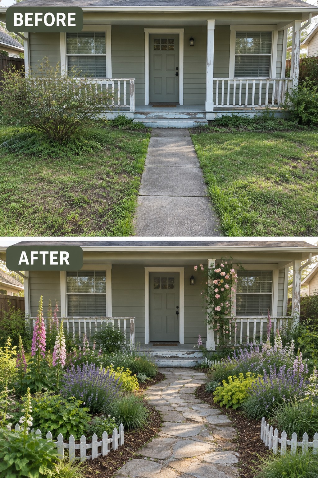 Before-and-after house exterior with new garden, flowers and stone path