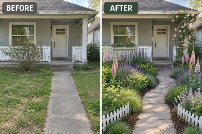 Before-and-after house exterior with new garden, flowers and stone path