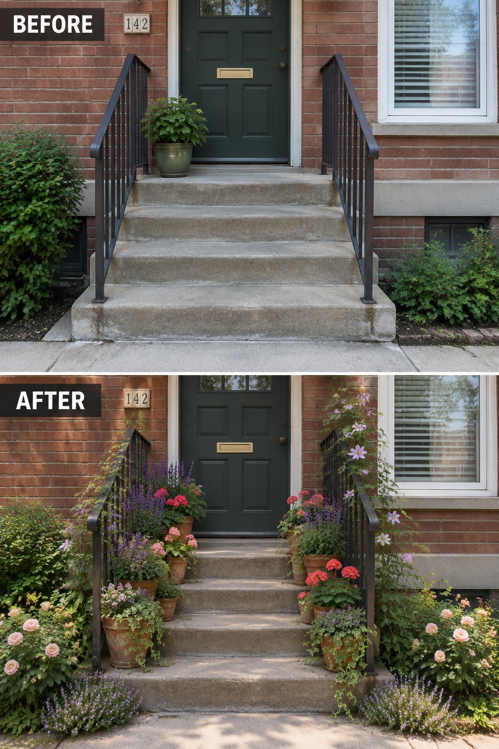 Before-and-after image of a brick home entry with concrete steps, showing the addition of many potted plants, flowers, and climbing vines around the stairs and door.
