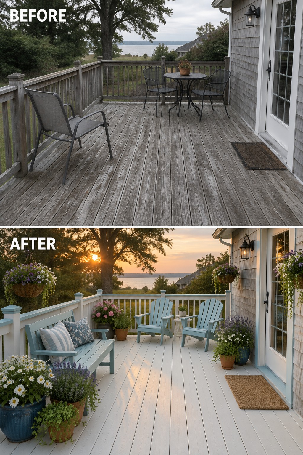 Before and after of deck renovation with white paint, blue chairs, and potted flowers.