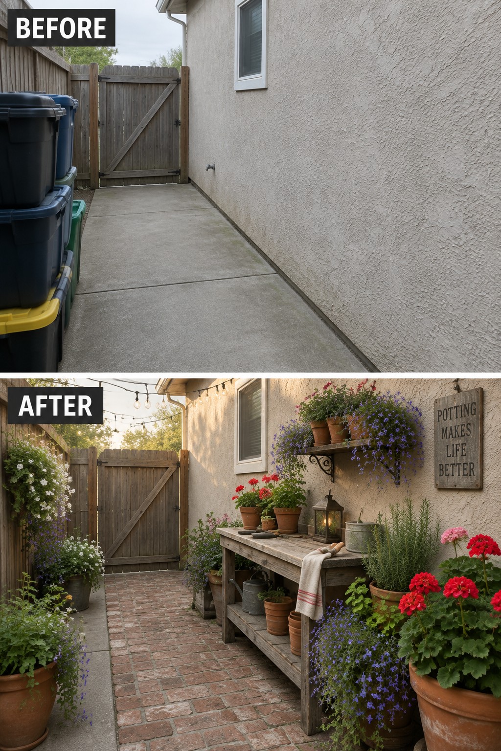 Before-and-after of concrete path with bins transformed into plant-filled brick patio with bench