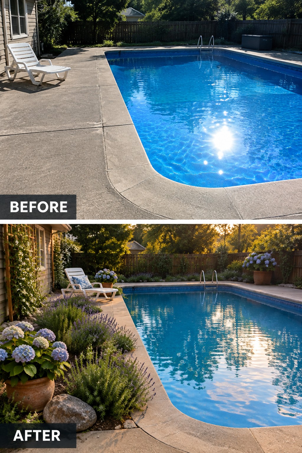 Before and after backyard pool with added flowers, plants, and landscaping