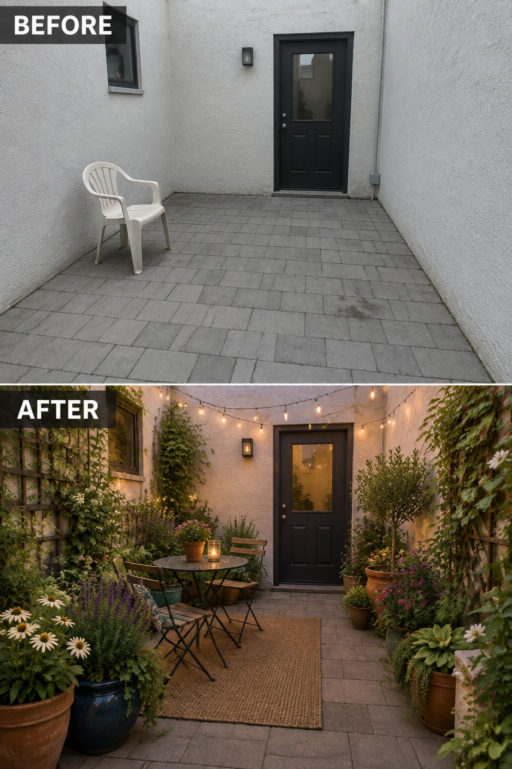 Before-and-after image of an empty concrete courtyard transformed into a planted outdoor seating area with string lights, a rug, and a small table and chairs.
