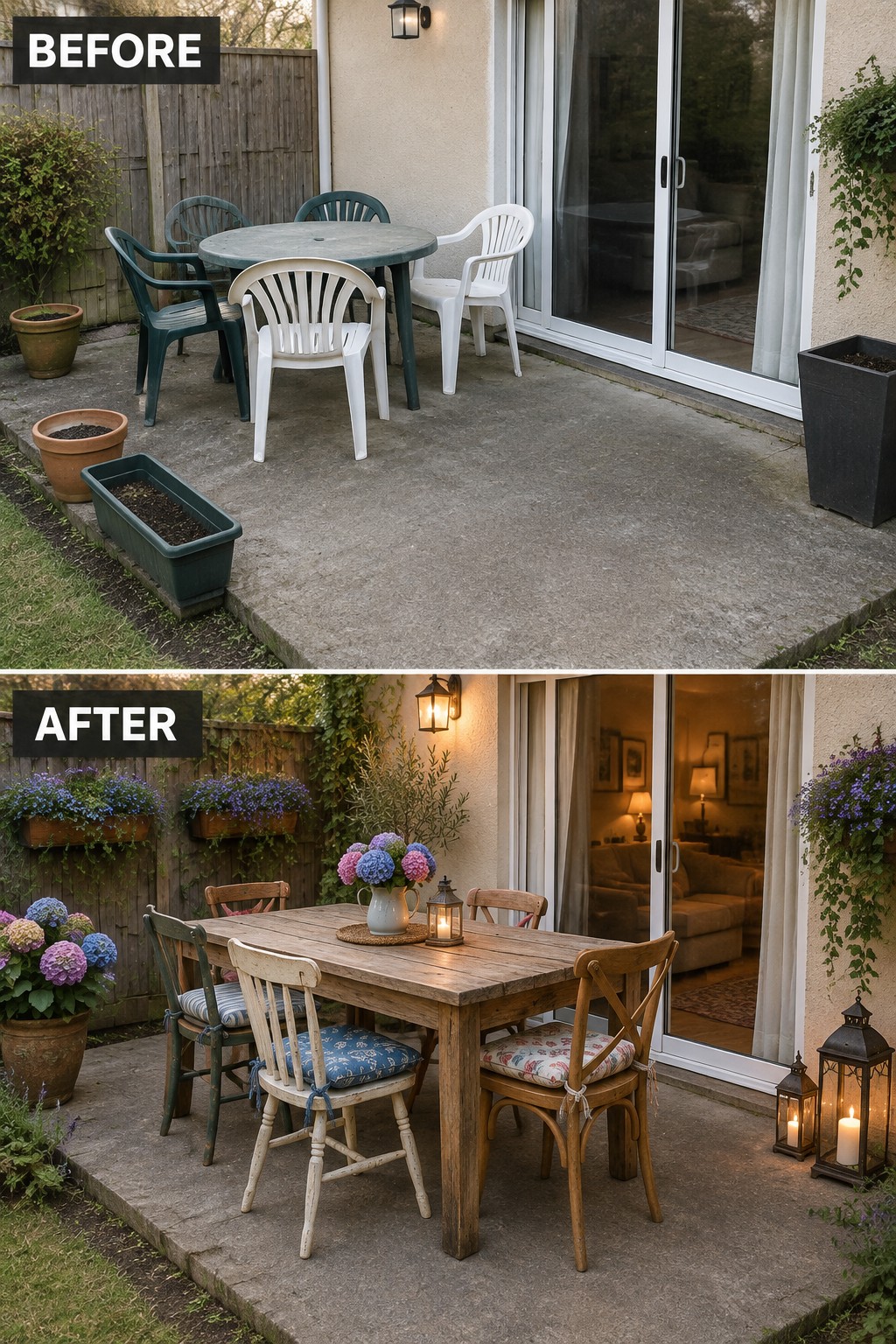 Before and after patio: plastic chairs replaced by wooden table, cushions, flowers and lanterns