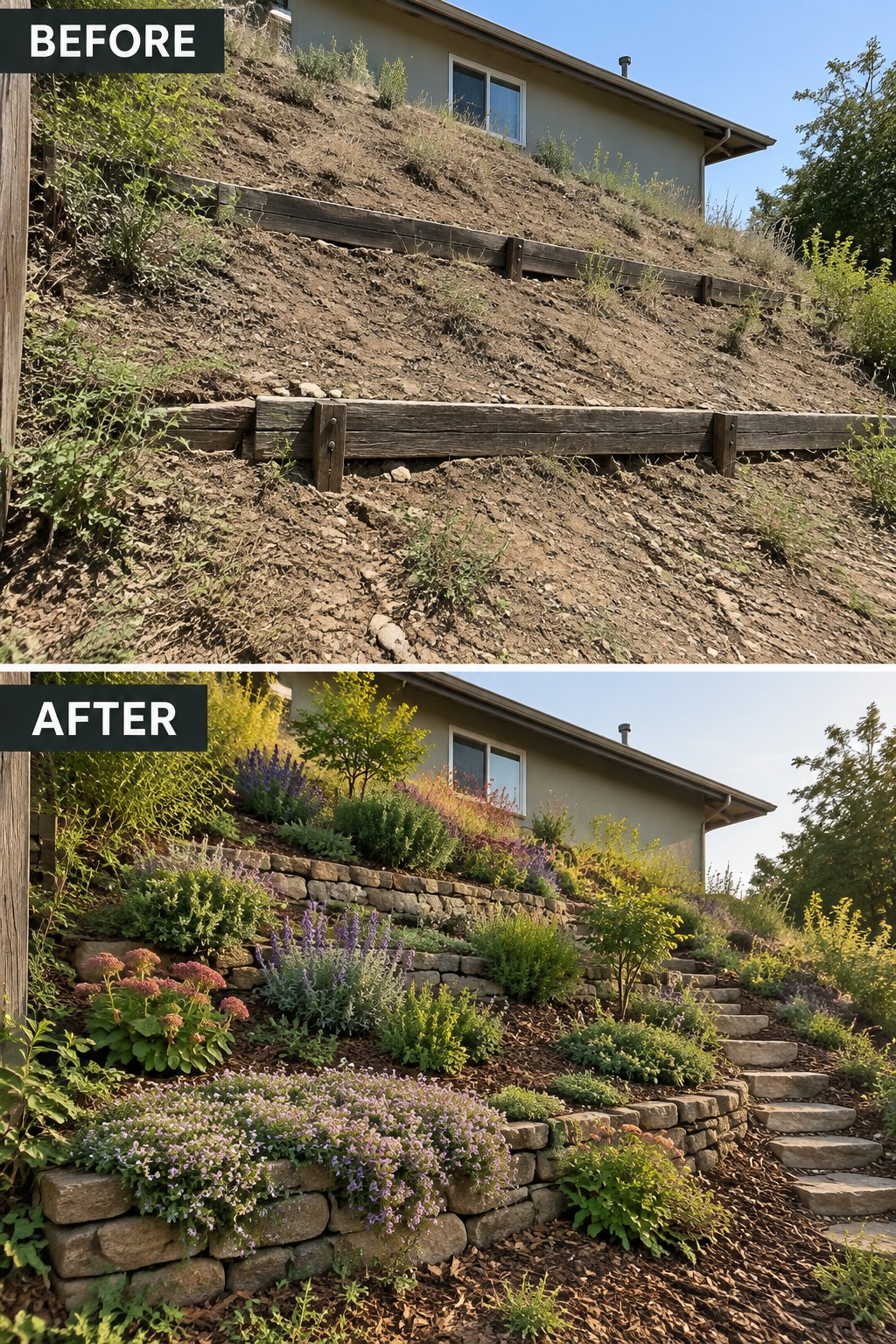 Before: bare eroded slope with wooden walls; after: stone terraces, steps, blooming plants.