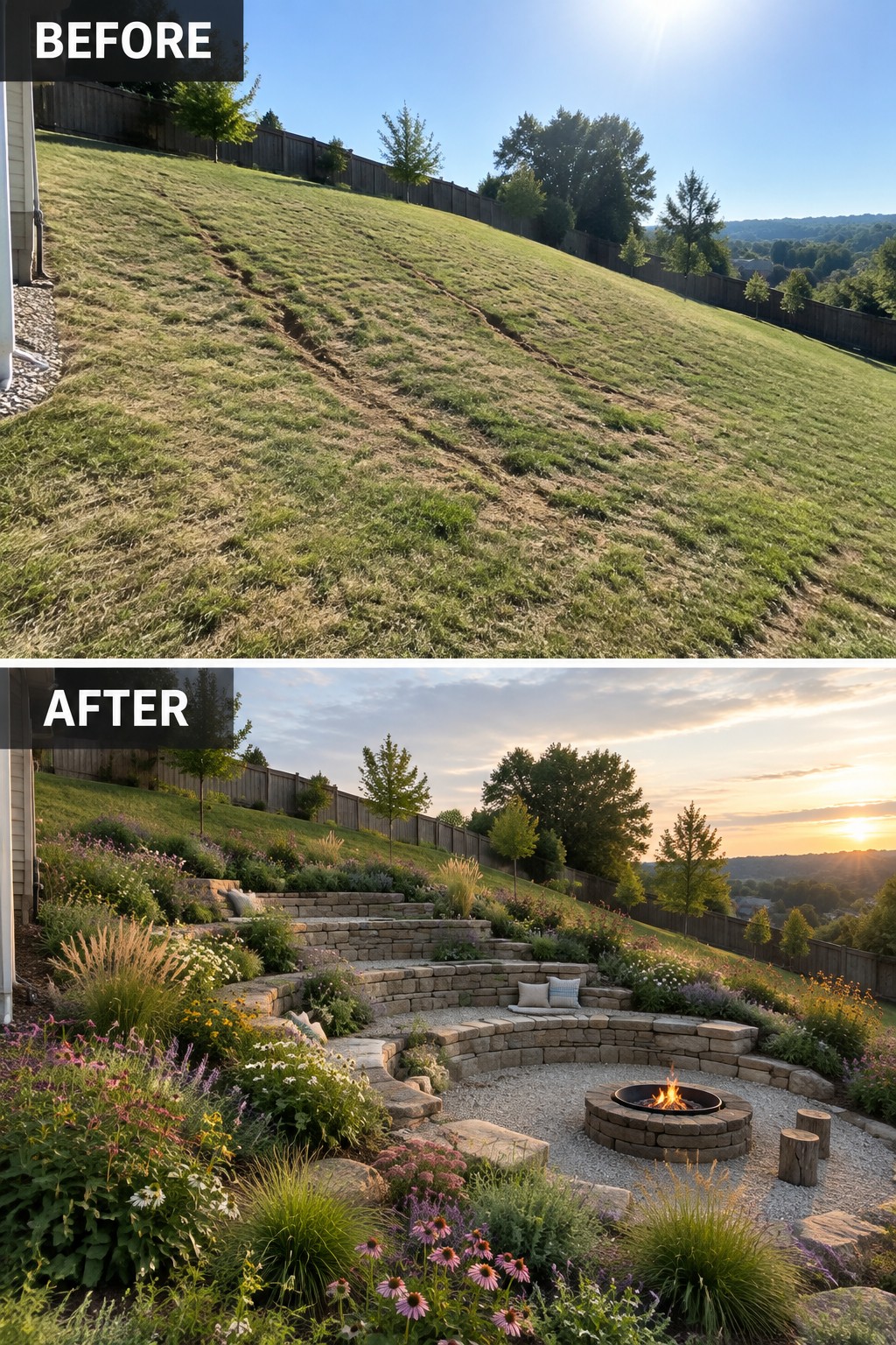 Before-and-after image of a bare sloped lawn changed into a terraced garden with stone retaining walls, a circular fire pit seating area, and layered cottage-style planting.