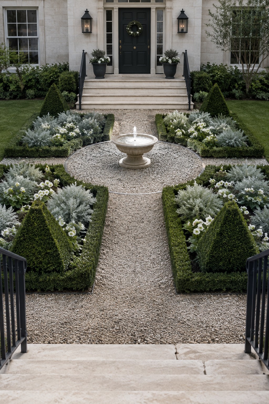 Front yard with a central stone fountain, gravel paths dividing symmetrical planting beds, and steps leading to a house entrance.