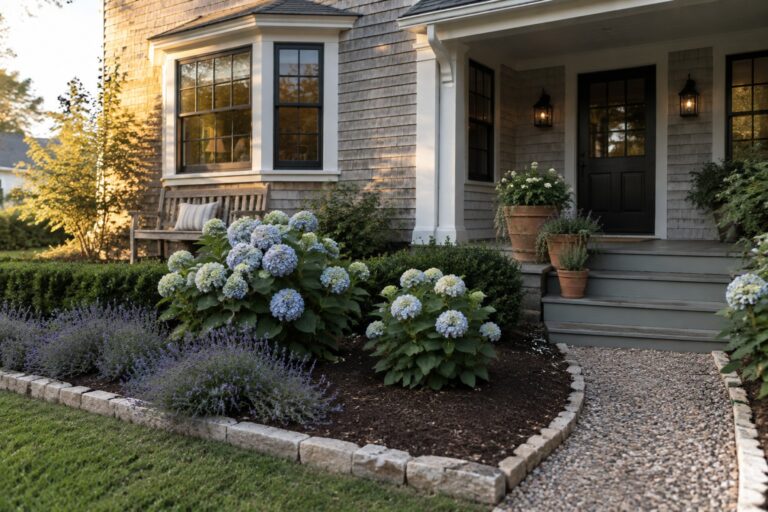 A shingled house with layered foundation beds of blue hydrangeas, lavender, and shrubs bordered by stone and a gravel path.