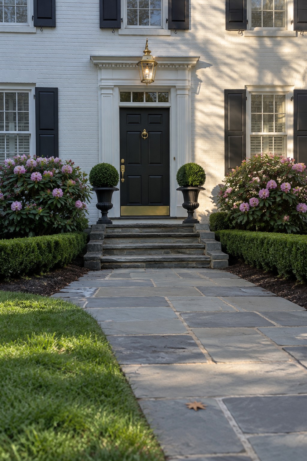 Stone walkway leads to black door on white brick house with pink flowers.