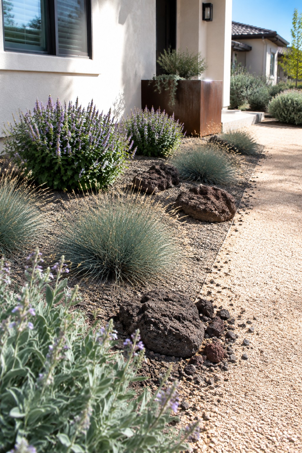 A front yard foundation bed beside a house features purple flowering shrubs, blue-green grasses, silver foliage plants, gravel mulch, and several large dark rocks.