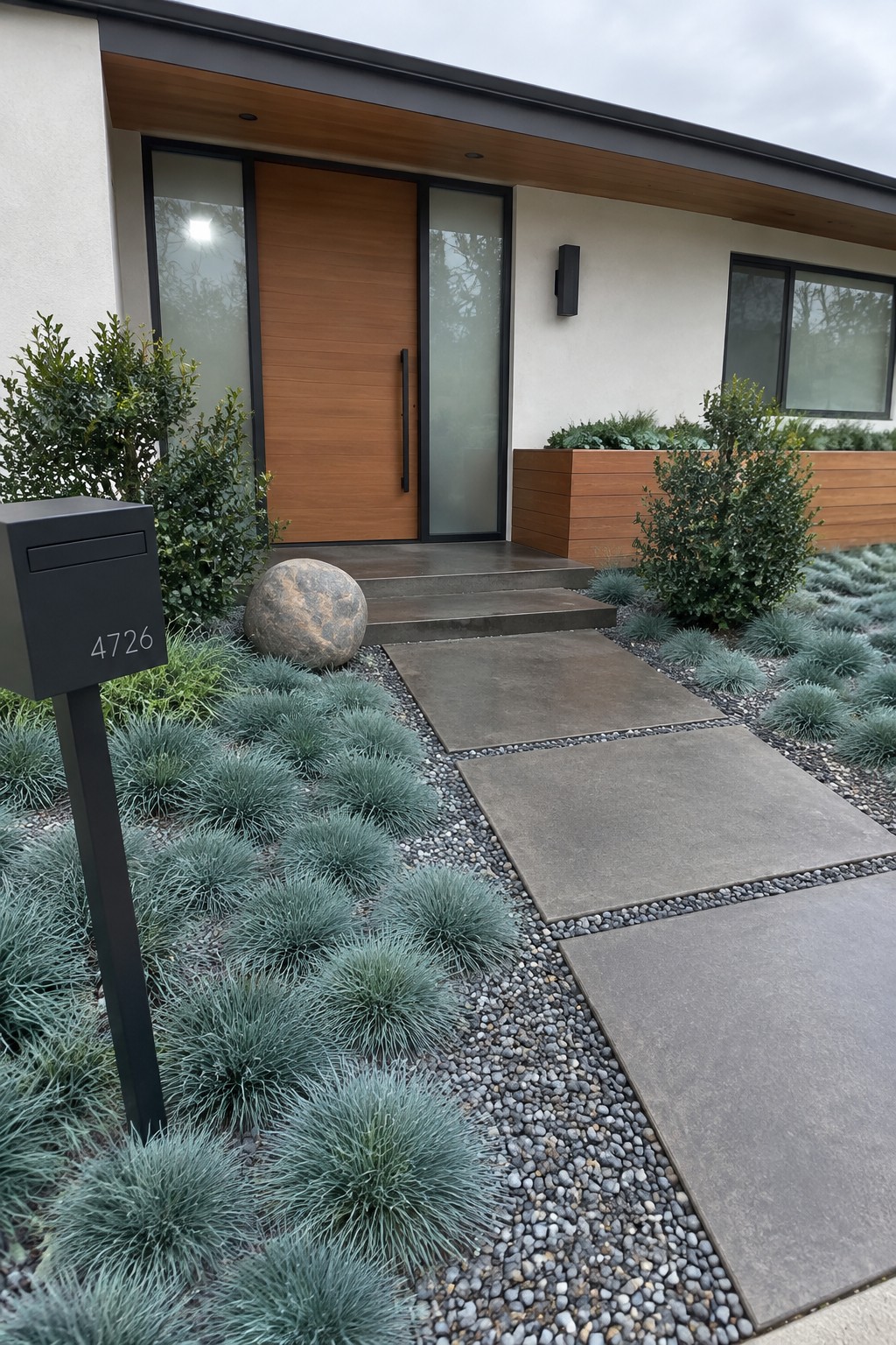A modern house front with a concrete paver path running through gravel beds planted with blue ornamental grasses, shrubs, and a large rock near the wooden door.
