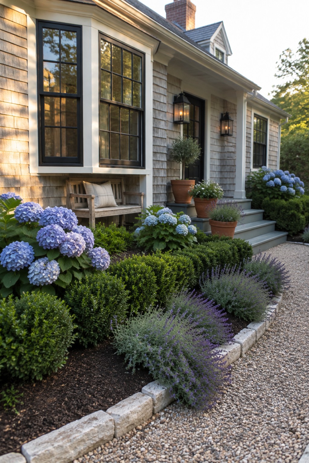 A shingled house with layered foundation beds of blue hydrangeas, lavender, and shrubs bordered by stone and a gravel path.