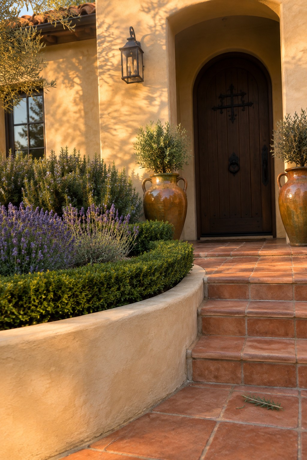 Arched wooden door with terracotta pots, lavender garden, stucco walls, and tiled steps.