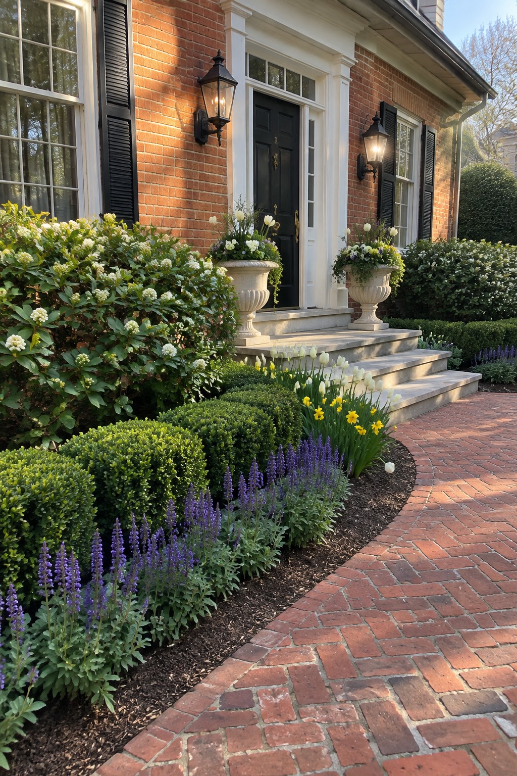 A red brick house with white trim features layered foundation plantings of green shrubs, purple salvia, and white tulips along stone steps and a curving red brick path.