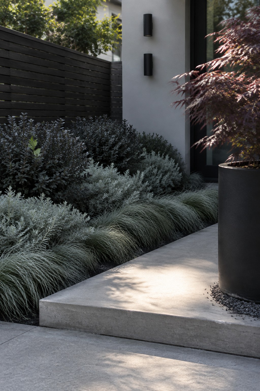 Concrete steps and walkway bordered by layered foundation plants including tall dark shrubs, silvery foliage, and fine green grasses, with a large black planter on the right.