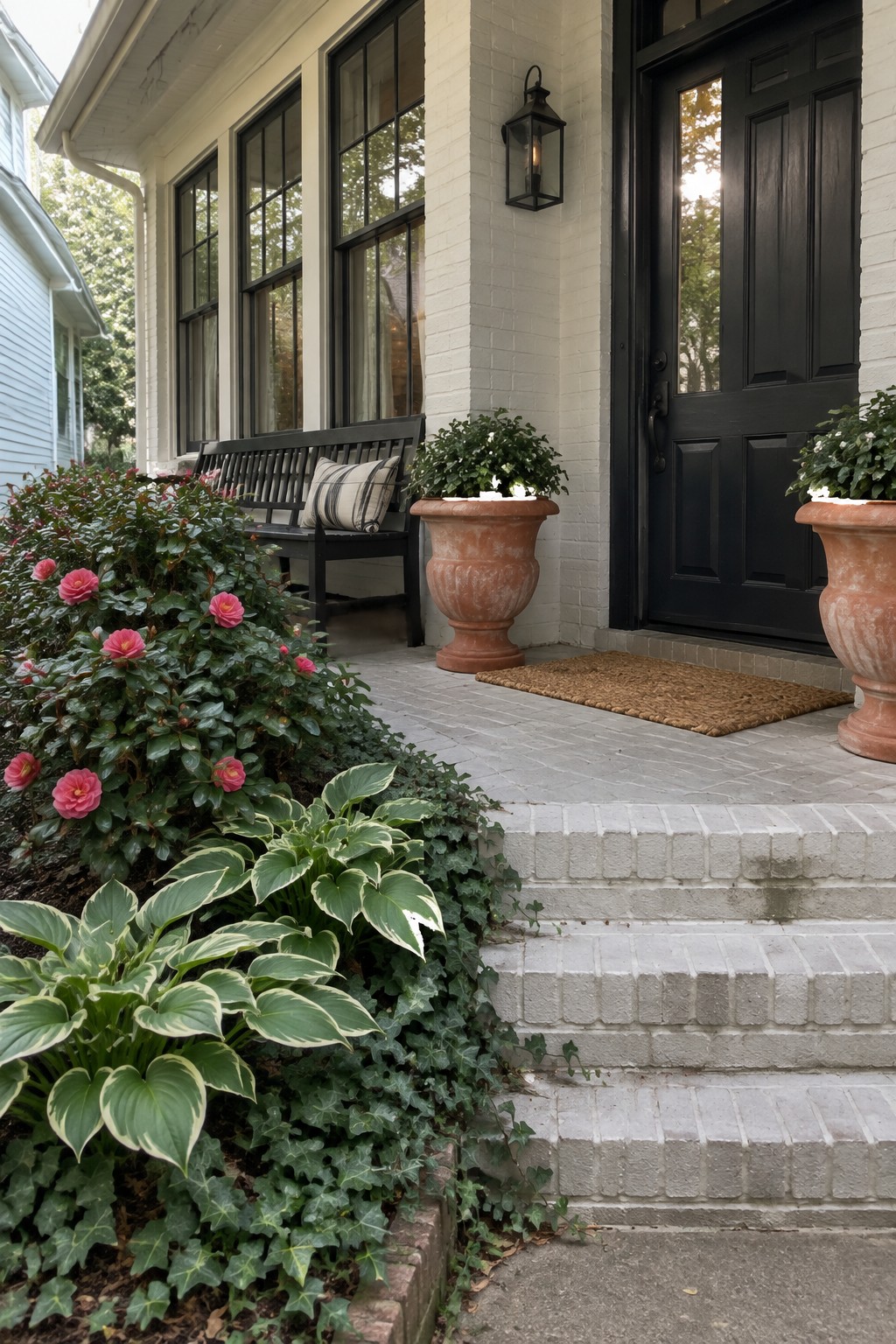 Brick steps to porch with black door, bench, terracotta pots and pink flowers.