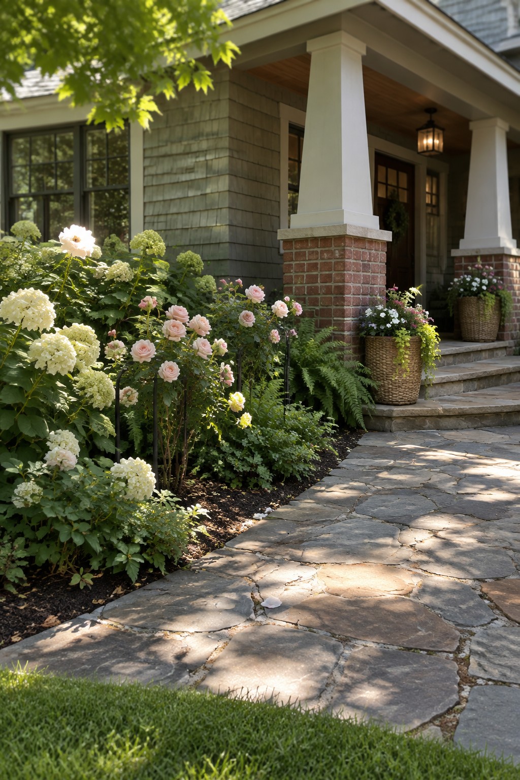 Stone path lined with pink roses and white hydrangeas leads to brick porch