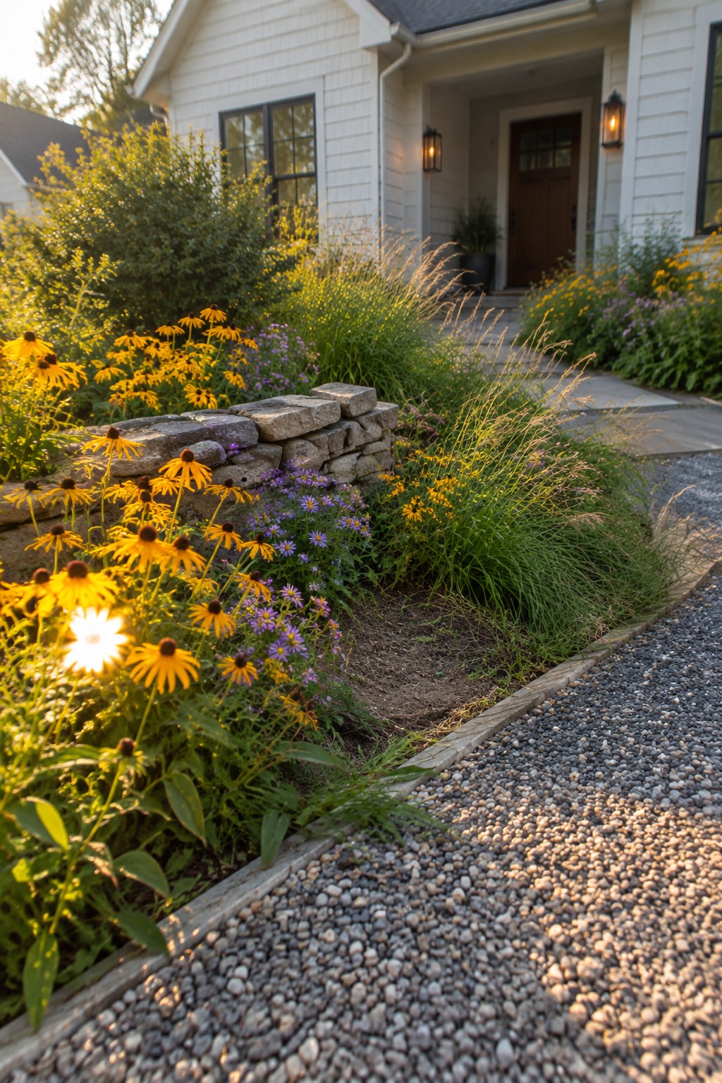 Garden with yellow black-eyed Susans and purple asters beside gravel path near white house