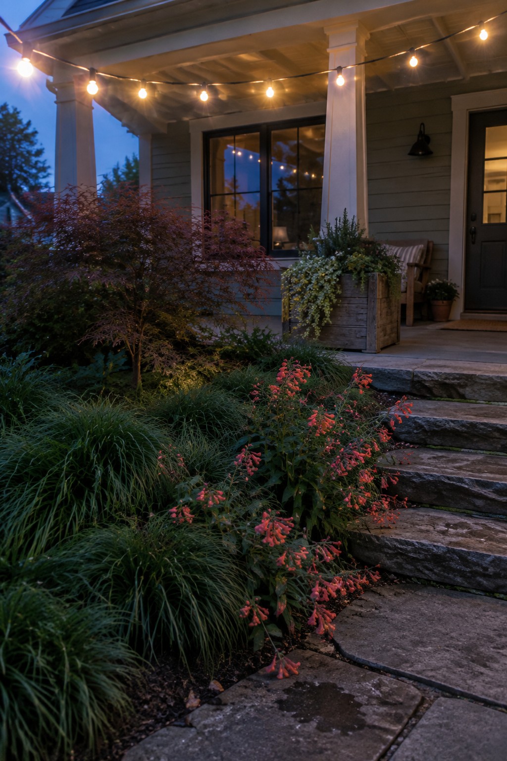 House porch with string lights, red flowers, stone steps, and wooden planter at dusk