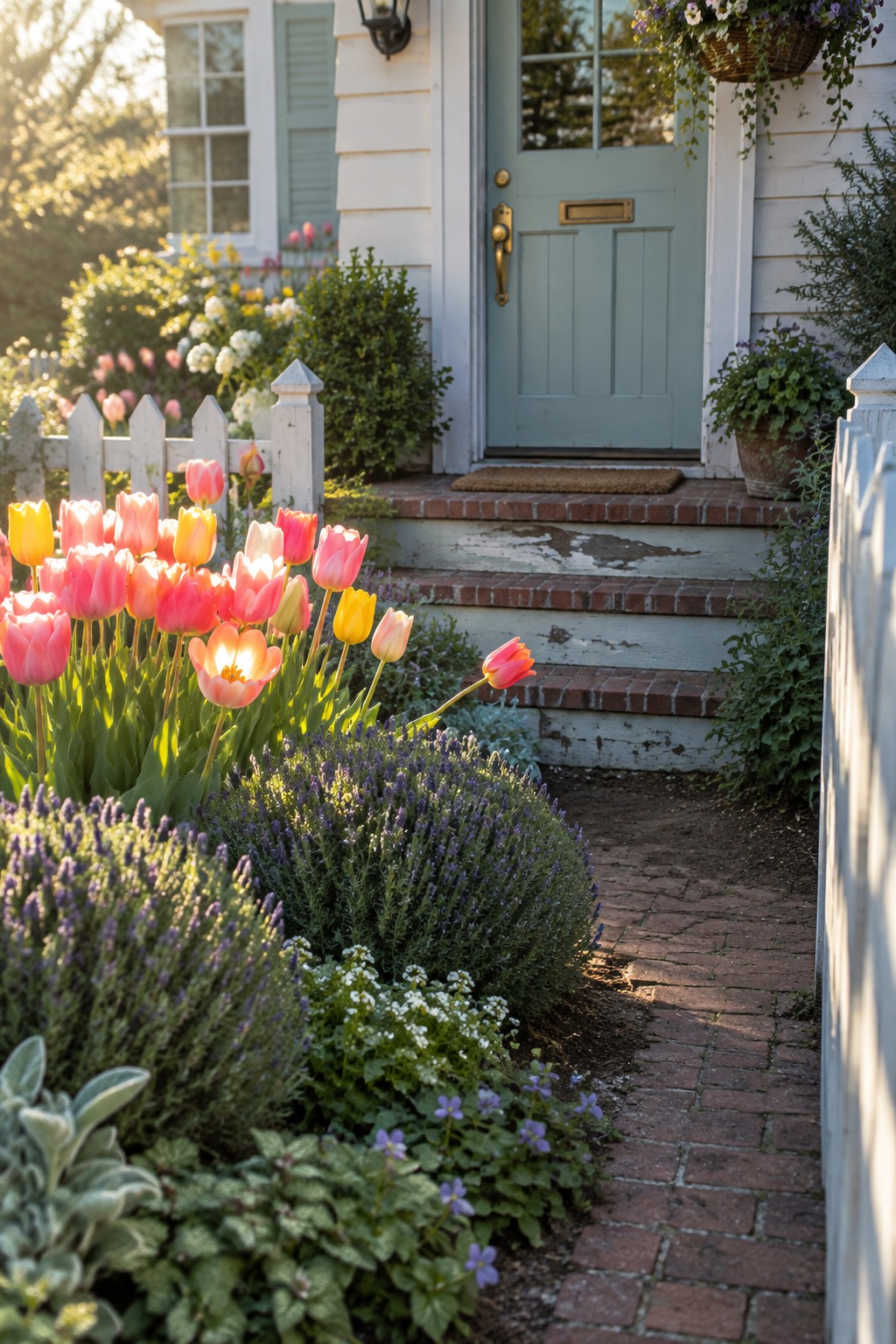 A brick path curves past dense beds of pink and yellow tulips mixed with lavender bushes and low white flowers in front of a white house with a light blue door.