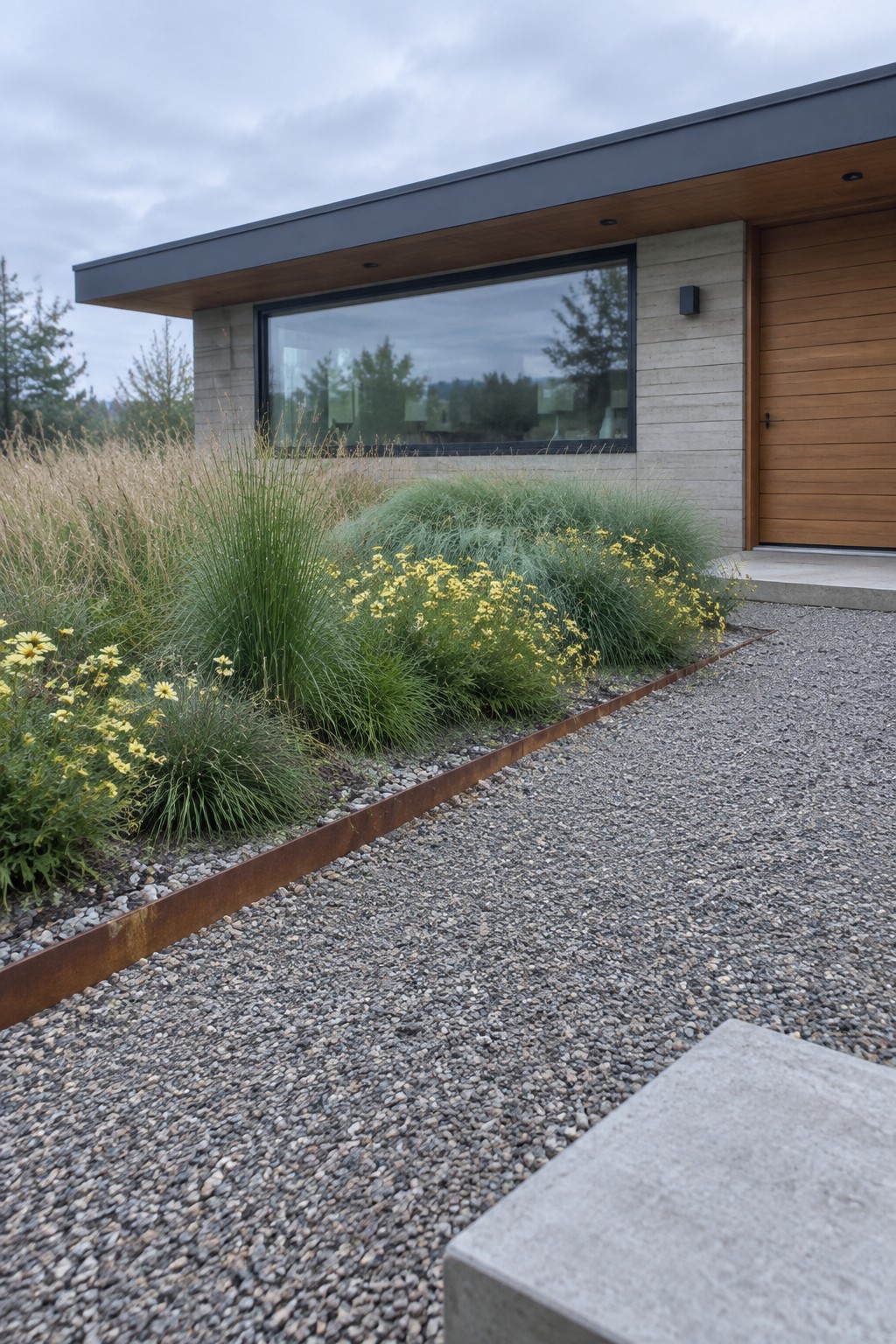 Modern house exterior with foundation plantings of ornamental grasses and yellow flowers separated from a gravel path by a rusted metal edging strip.