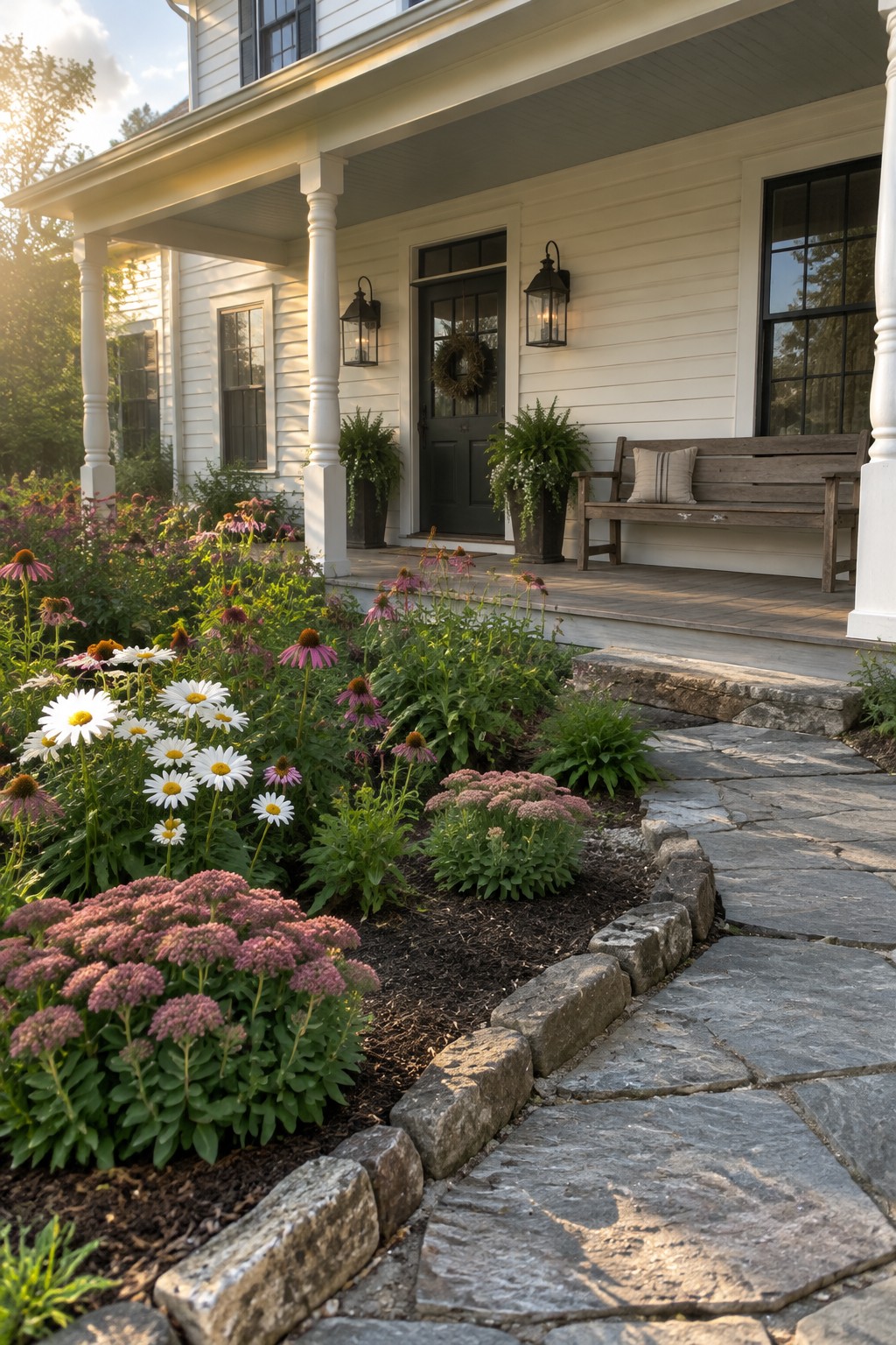 A white house front with flower beds containing white daisies, purple coneflowers, and pink sedum, bordered by irregular stone edging next to a stone path.